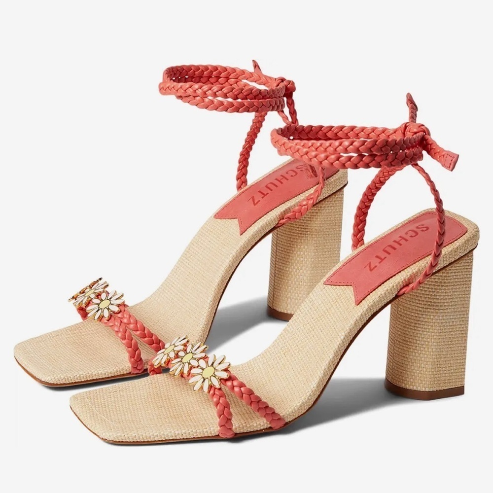 SCHUTZ Women’s Hina Atanado Ankle Tie Leather Block Heel Sandals Size 10.5 NEW